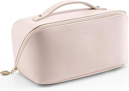 Vlando Makeup Bag,Large Capacity Travel Toiletry Bag,Cosmetic Bags for Women PU Leather Waterproof Portable Pouch with Divider & Handle-Apricot Pink