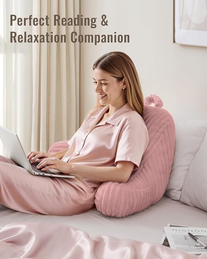Blissful Diary Reading Pillow for Sitting in Bed, Flannel Back Pillow Bed Sitting Up for Adult & Children, Backrest Cushion for Sit Up in Couch or Floor, Dorm Essentials, Plush Pink