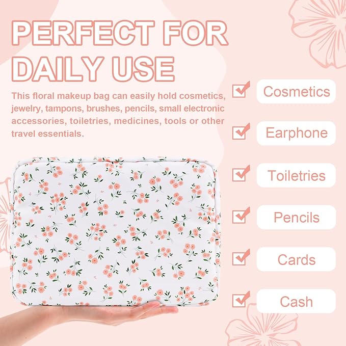 UIXIZQ Waterproof Large Floral Makeup Pouch,Nylon Travel Toiletry Storage Purse Preppy Cosmetic Bag for Women Girl,Large Capacity Makeup Organizer Zipper Pouch for Work(L White-Flowers)