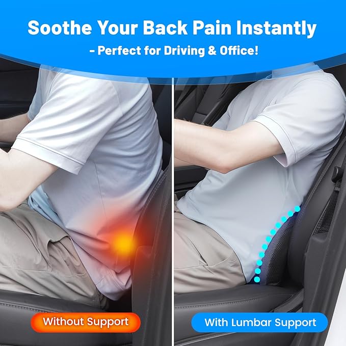 Lumbar Support Pillow for Car Seat & Office Chair, Soft Memory Foam Lower Back Support for Pain Relief and Posture Correction, Lumbar Pillow with Breathable Airflow Channels