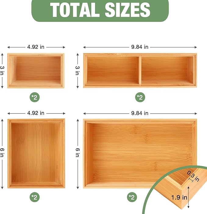 Bamboo Drawer Organizer Set, 8 PCS Multi-Use Wood Drawer Storage Boxes, Junk Drawer Organizer Divider Bins for Kitchen, Bathroom, Office Desk, Makeup, Jewelry, Utensils