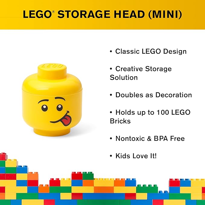 Room Copenhagen, Lego Storage Heads Stackable Storage Container - Buildable Organizational Bins for Kid’s Toys and Accessories - 4.02 x 4.02 x 4.53in - Mini, Silly, Holds 100 Bricks