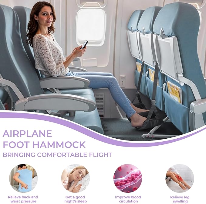 Babenest 2pcs Airplane Foot Hammock, Foldable Leg Rest Support with Adjustable Strap and Thicken Bottom, Portable Under Desk Flight Footrest Holder for Air Travel, Office & Car