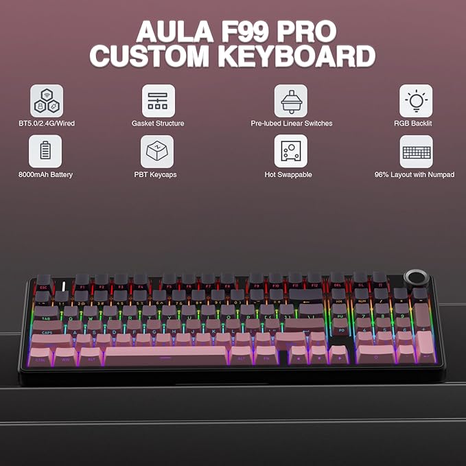 AULA F99 Pro Wireless Mechanical Keyboard with Knob,Tri-Mode BT5.0/USB-C/2.4GHz Hot Swappable Keyboard,Gasket Structure,Creamy Sound,RGB Backlit Computer Gaming Keyboards