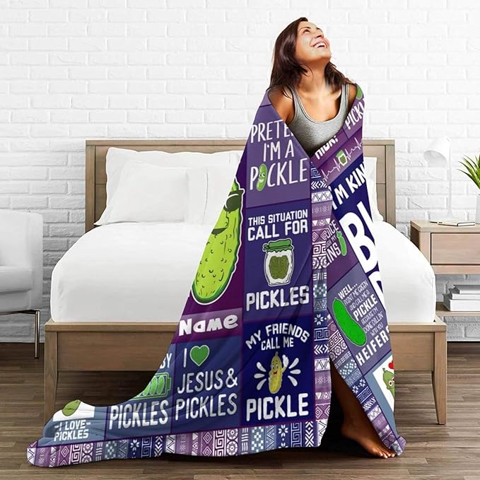 Custom Pickle Blanket with Name for Boys Girls, Personalized Cute Pickle Themed Design Printed Throw Blankets for Kids Lap, Chair Sofa, Giftable Blanket, 40"x 50"