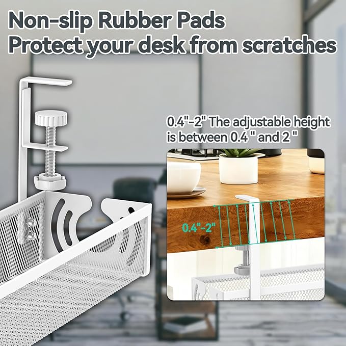 Cable Management, 25.3'' Under Desk Cable Management Tray No Drill, Metal Cable Organizer with Clamp for Wire Management, Cord Organizer for Home Office, Desk Accessories Organizer, White