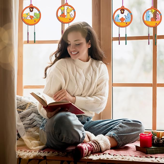 Fennoral 12 Pack Christmas Nativity Wind Chimes Kit for Kids Make Nativity Craft for Kids DIY Coloring Wooden Craft for Christmas Christian Religious Ornaments Christmas Party Decoration