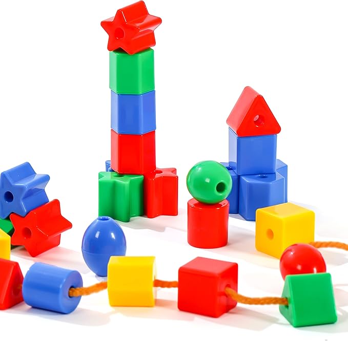 Toddler Toys - Big Lacing Beads Set for Fine Motor Skills & Hand-Eye Coordination Baby Toys - 36 Beads & 6 Strings - Color Sorting & Counting Educational Learning Toy Montessori Toys