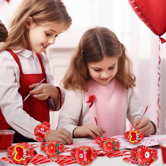 AMENON 24 Pack Valentines LED Bracelets Valentine Gifts Toys Party Favor for Kids Valentine Day Cards Heart with Flashing Light Up Bracelets Glow in the Dark for Valentine Classroom School