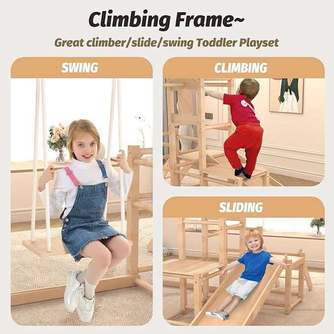 Indoor Playground, Jungle Gym, Wooden Montessori Climber Playset With Slide, Swing for Toddlers, Toddler Climbing Toys Indoor, Special Wooden Structure Indoor Playset, Baby Climbing Toys Indoor