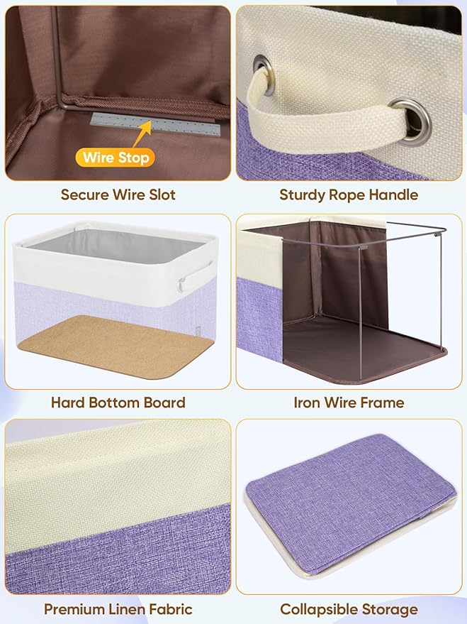 BALEINE 2 Pack Fabric Storage Bins for Shelves, Linen Storage Baskets for Organizing, Decorative Closet Bins for Clothes, Home (Lavender, 12"x8"x8")