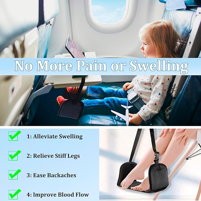 No Collapse Airplane Footrest with Extended Adjustment Strap- Airplane Foot Hammock with Memory Foam, Portable Adjustable Plane Leg Rest, Footrest Provides Relaxation and Comfort (Black)