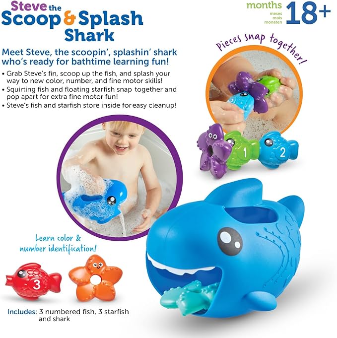 Learning Resources Steve The Scoop & Splash Shark, 7 Pieces, Ages 18 Months+, Toddler Learning Toys, Baby Toys ,Toddler Bathtub,Pool Toys, Water Toys
