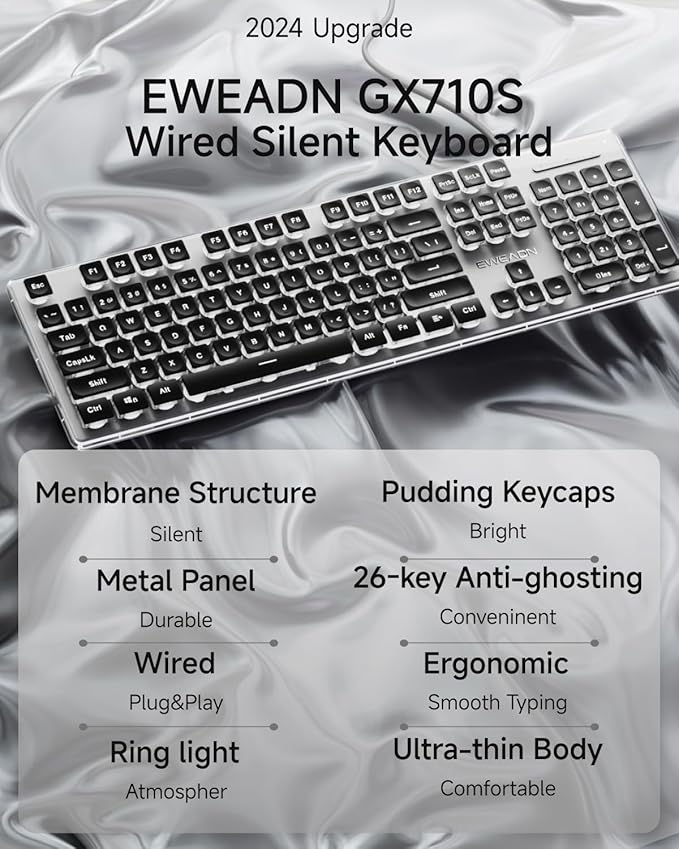 EWEADN GX710S Backlit Computer Keyboards, Wired USB Keyboard with White Backlit, Metal Panel, Plug and Play, Pudding Keycaps Full Size Quite Computer Keyboard for Win/PC/Laptop-Black