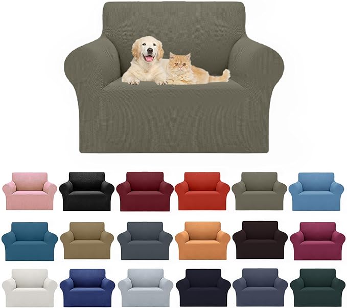 2025 New Stretch Chair Sofa Slipcovers Couch Cover for 1 Seater Furniture Protector Sofa Covers with Elastic Bottom Jacquard Fabric Small Checks for Pets, Kids - Khaki
