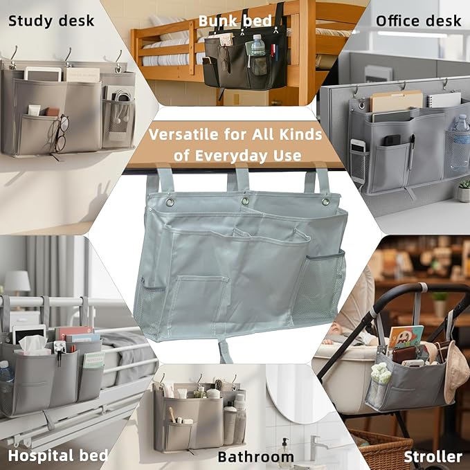 Bedside Organizer, Durable Bunk Bed Caddy, Multi-Pocket Hanging Storage Bag for College Dorm, Home, Hospital and Baby Stroller, Easy Installation, Metal Rivets Added, Oxford Fabric(Gray)