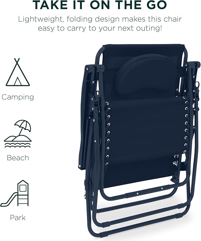 Best Choice Products Oversized Zero Gravity Chair, Folding Outdoor Patio Lounge Recliner w/Cup Holder Accessory Tray, Pillow - Indigo