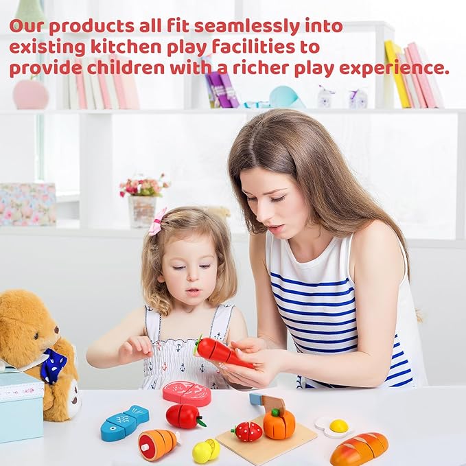 Holicolor 40pcs Wooden Play Food, Pretend Play Food Sets for Kids Kitchen, Cutting Fake Food Toy Educational Play Kitchen Food with Fruits and Vegetables for Toddler Birthday Gift
