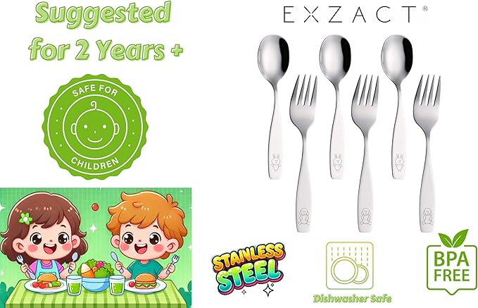 Exzact Children Flatware 6pcs - 3 x Forks, 3 x Spoons - Toddler Utensil Kids Silverware Cutlery Stainless Steel - Dishwasher Safe