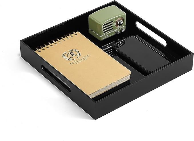 BEYLANG Glossy Black Sturdy Acrylic Serving Tray with Handles-12x12 Inch-Serving Coffee,Appetizer,Breakfast,Butler-Kitchen Countertop Tray-Makeup Drawer Organizer-Vanity Table,Ottoman Tray-Decorative