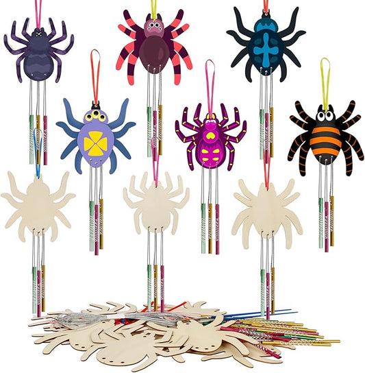 Fennoral 9 Pack Spider Wind Chime Kit for Kids Make You Own Spider Wind Chimes Wooden Arts and Crafts for Girls Boys DIY Coloring Halloween Hanging Ornaments Craft Activity Halloween Party Decorations