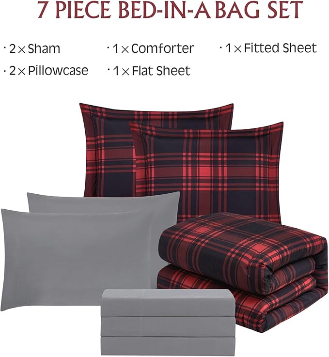 MaiRêve King Comforter Set, Classic Red Black Plaid Bedding Set 7 Pieces, Farmhouse Lightweight All Season Bed in a Bag with Sheets, Pillowcases & Shams
