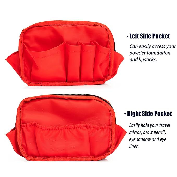 Hekyip Rectangular Beauty Bag, Small Travel Makeup Bag for Purse, Portable Waterproof Cosmetic Pouch for Ladies Women (Rectangular Inner Red)