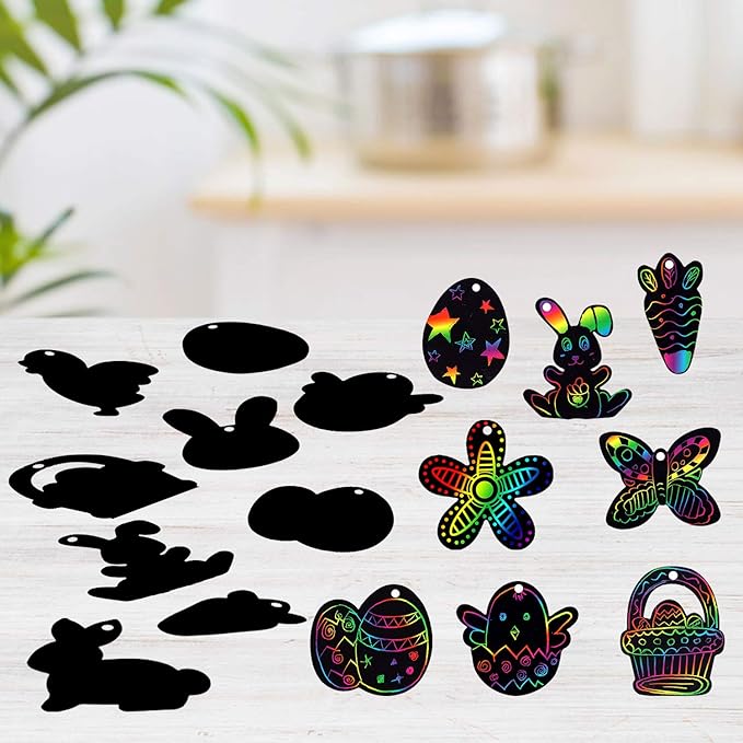 JOYIN 72 Pcs Easter Scratch Paper Set (12 Designs) Rainbow Scratch Art Easter Crafts Kit for Kids with Wooden Stick and Ribbon, Rainbow Color Scratch Ornaments for Home Tree Decor, Party Favors