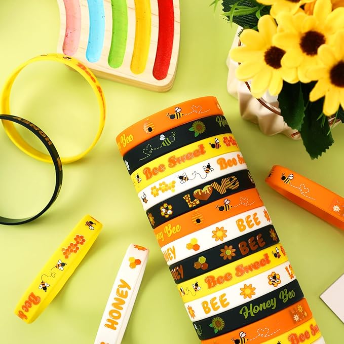JUNEBRUSHS 42pcs Bee Party Favors Silicone Bracelets Bee Theme Rubber Wristbands Accessories for Students Boy Girl Bee Birthday Baby Shower Party Favors Decorations Supplies(3 Designs)
