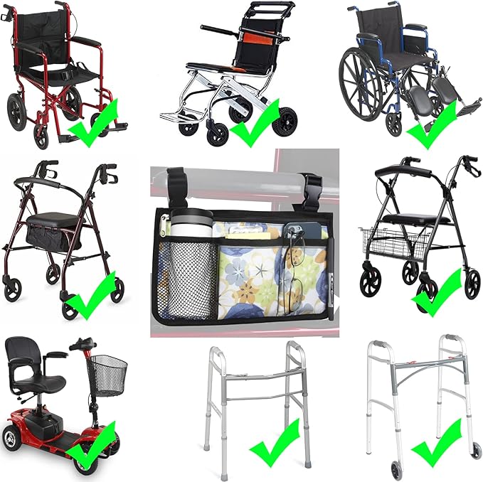 Wheelchair Side Bag, Upgrade Flower Color Wheelchair Armrest Storage Pouch with Cup Holder and Reflective Strip Made with Waterproof Fabric, for Most Wheelchairs, Walkers and Rollators (Blue Rose)