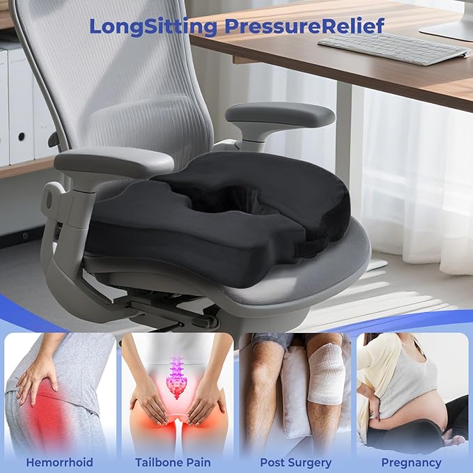 SAHEYER Bed Sore Cushions for Butt, Memory Foam Hemorrhoid Pressure Relief Pillow with Center Hole and Tailbone Cutout, for Long Sitting Coccyx, Sciatica, Postpartum, Pregnancy, After Surgery, Black