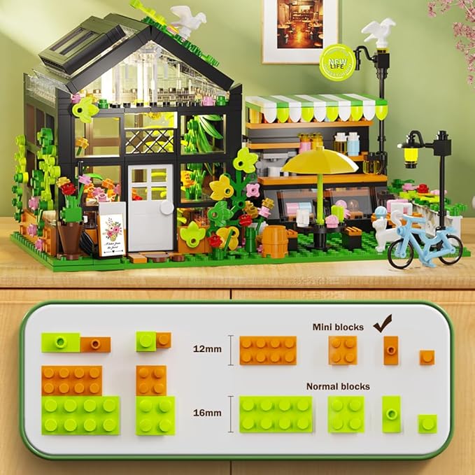 Flower House Building Set with LED, City Street House Flower Shop Building Blocks Toy, Valentine Gift for Girls 8-12 Year, Mini Brick 680pcs