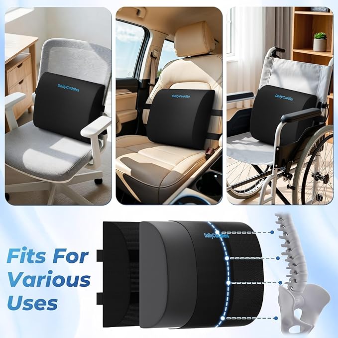 Lumbar Support Pillow for Office Chair Back Support - Memory Foam Lumbar Pillow for Car or Gaming Chair, Ergonomic Back Cushion with Adjustable Strap for Long-Hour Sitting (Black,X-Large)