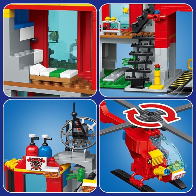 City Fire Rescue Building Set with Fire Station, Truck & Helicopter,737pcs Toy Gift for Boys 6+ (Compatible with Lego)