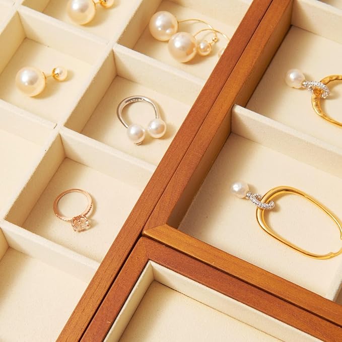 Oirlv 24 Grid Wood Jewelry Tray Microfiber Interior Jewelry Drawer Organizer Showcase Display Box Ring Earrings Holder