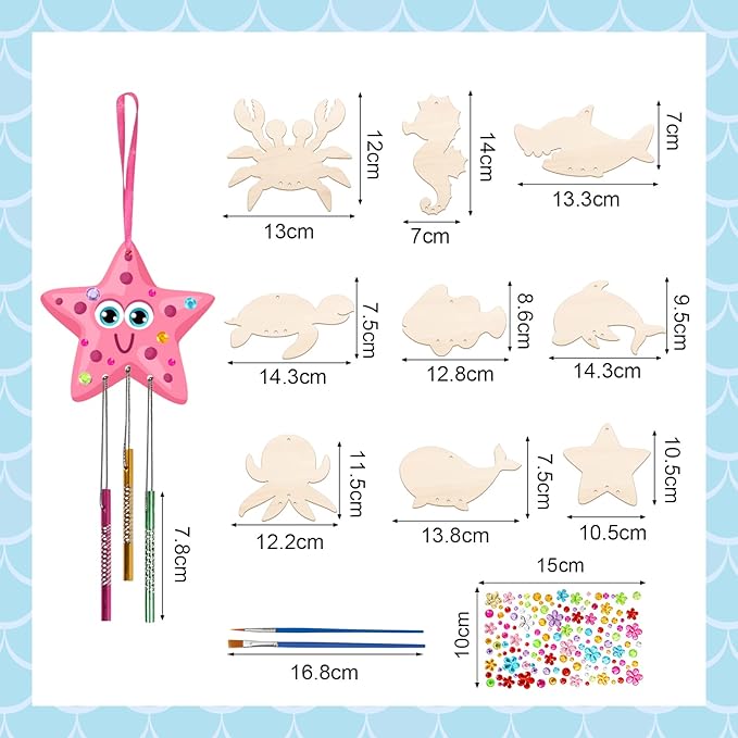 Fennoral 9 Pack Wind Chime Kit for Kids Make Your Own Ocean Animals Wind Chime Wooden Arts and Crafts for Girls Boys Ornaments DIY Coloring Sea Animals Craft for Art Activity Summer Party Decoration