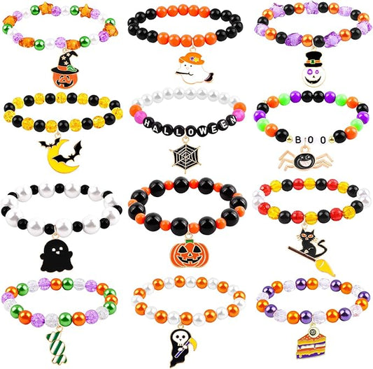 12pcs Halloween Bracelets for Kids, Halloween Party Favors Bead Bracelets and Charms Set Trick or Treat for Boys Girls Halloween Goodie Bag Fillers