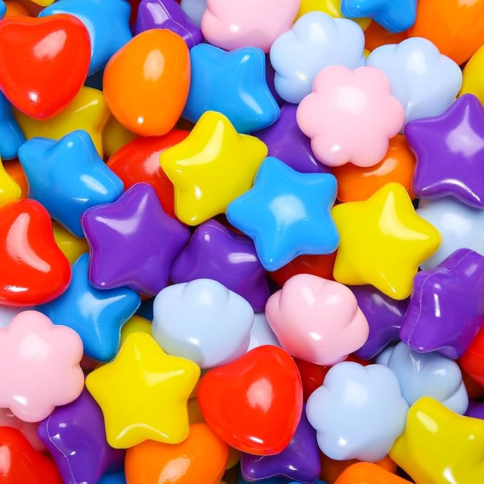 GOGOSO Ball Pits Balls for Toddlers, 100 Stars Hearts Florid Shapes Ball, Flowers Plastics Balls for Bounce House, Pastel Ball for Kids Birthday Party Xmas Friendship Bracelet Banner Decor