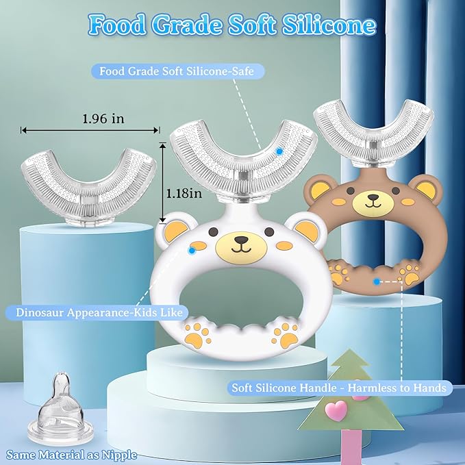 Toddler U Shape Toothbrushes for Baby Age 1 2 3 4 5, 360° Oral Teeth Cleaning Design with Food Grade Soft Silicone Brush (White&Brown)