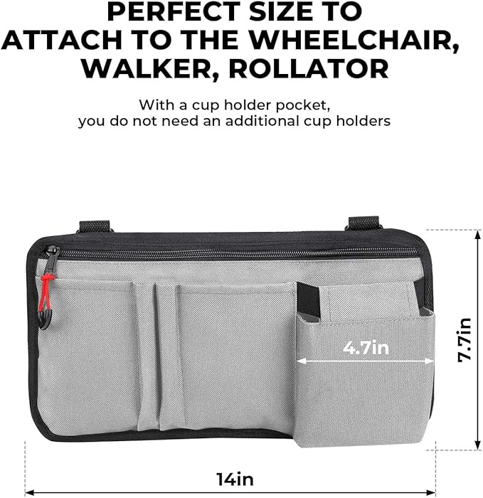JOYTUTUS Walker Side Bag, Wheelchair Armrest Storage Pouch with Cup Holder, Wheelchair Accessories for Seniors, Walker Bag Cup Holder for Walker, Rollator, Electric Scooter or Wheelchair