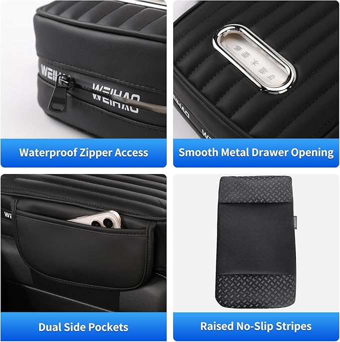 WEIHAO Car Armrest Cushion- Thick Padding 13x7.5x3.15 inch, Car Center Console Cover with Storage Pockets & Tissues Packs Slot, Leather Arm Rest Cover Pad for Cars, SUVs, Most Vehicles (Black-1PC)