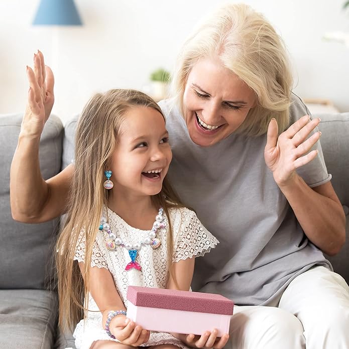 Jadive Mermaid Jewelry for Girls, Kids Mermaid Necklace Bracelet Ring Earrings Set Jewelry Gifts for Kids Toddler Pretend Play Christmas Dress up Party Decorations