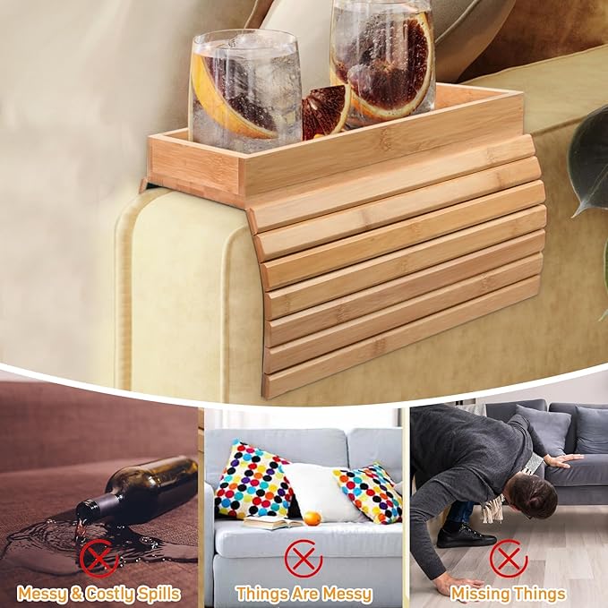 Couch Armrest Table, Bamboo Couch Cup Holder, Couch Cup Holder Tray, Sofa Arm Tray, Armchair Caddy 12.4" x 5.5" with Nonslip Felt Bottom, Sturdy Bamboo Slats for Armrests 6" and Wider (Brown)