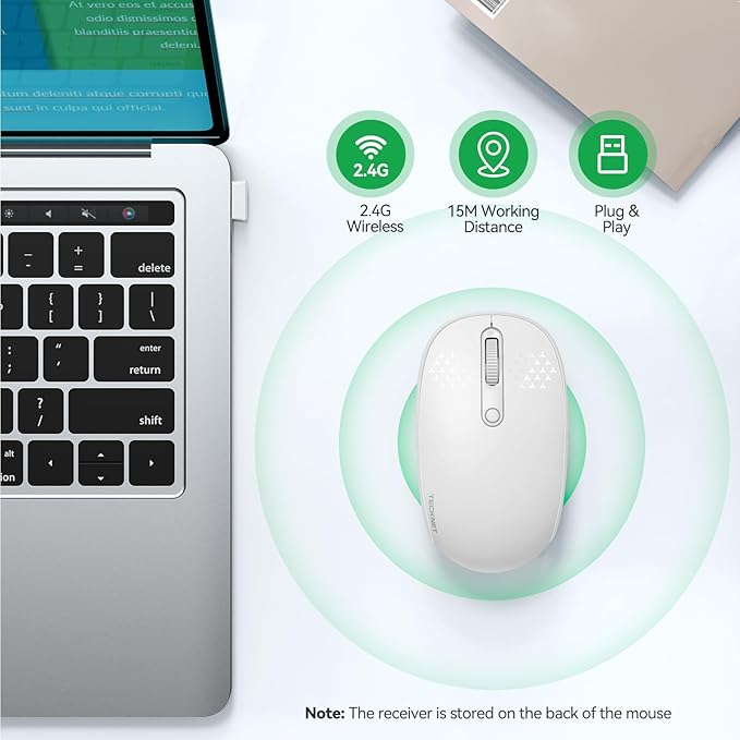 TECKNET Wireless Mouse for Laptop, 2.4G Quiet Computer Mouse with USB Receiver, 4 Buttons Portable Cordless Mice for Chromebook, Laptop, PC, Mac, 800/1200/1600 DPI - White