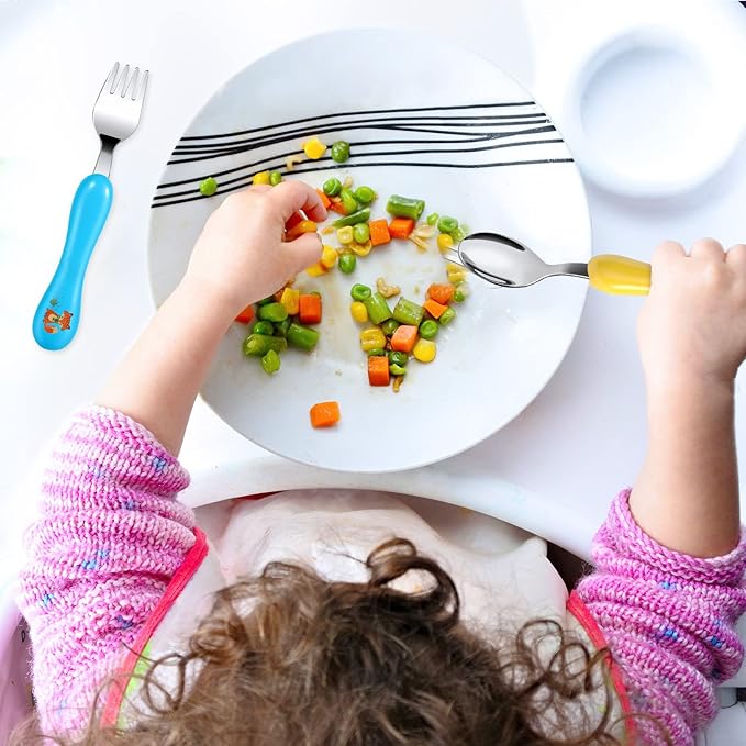 Lehoo Castle Toddler Fork and Spoon, 6pcs Toddler Utensils Kids Silverware, Safe Stainless Steel Toddler Fork Spoon Set, Children Flatware Set, Incudes 3 Spoons and 3 Forks (Blue Yellow)