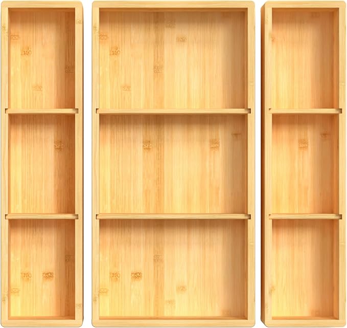 DUJEN Bamboo Drawer Organizer 12.5'' X 12.5'' X 2'', Adjustable 3 Individual Junk Drawer organizer for Bathroom and Kitchen, Wood Drawer Tea Organier Boxes for Silverware, Make up and Tea Bag