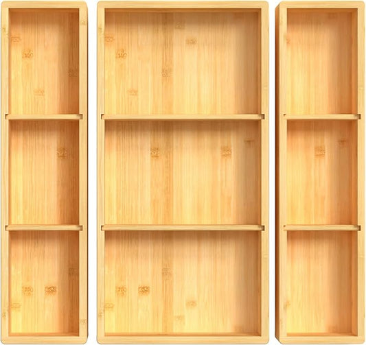 DUJEN Bamboo Drawer Organizer 12.5'' X 12.5'' X 2'', Adjustable 3 Individual Junk Drawer organizer for Bathroom and Kitchen, Wood Drawer Tea Organier Boxes for Silverware, Make up and Tea Bag