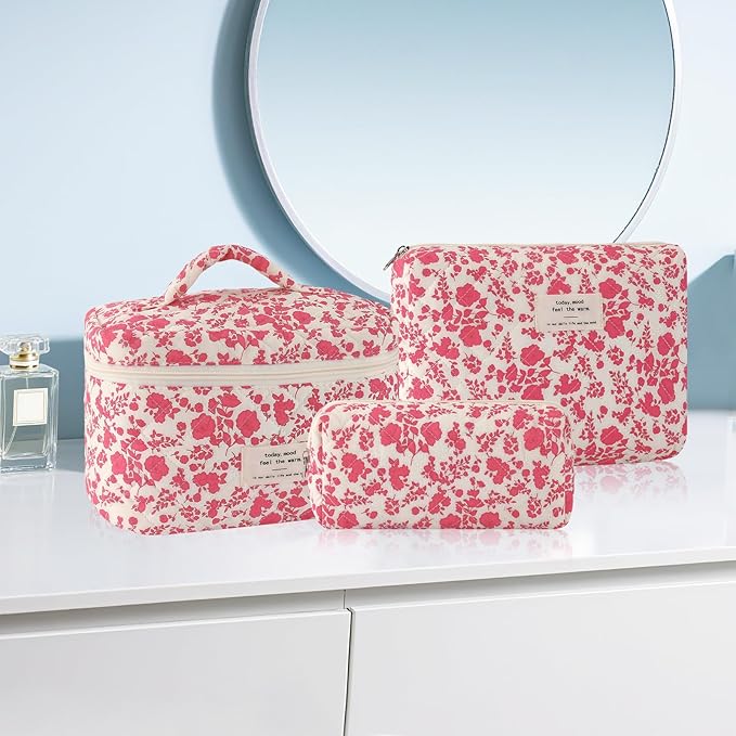 URSKYTOUS 3Pcs Cotton Quilted Makeup Bag for Women Large Small Travel Cosmetic Bag Set Cute Pink Floral Print Makeup Pouch for Purse Portable Skincare Bags Coquette Vintage Puffy Travel Essential