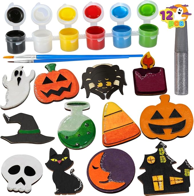JOYIN 12 Pcs Halloween Craft Kid Wooden Magnet Creativity Arts & Crafts Painting Kit, DIY Halloween Painting Craft for Kids Halloween Party Supplies, Toddler Craft Party Favor Family School Activities