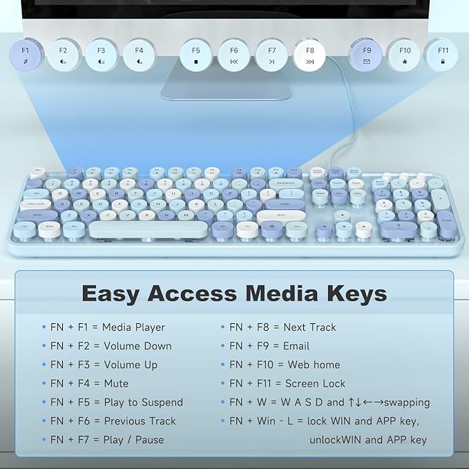 Computer Keyboard Wired, Plug Play USB Retro Round Typewriter Keyboard, Full Size Wired Keyboard with Foldable Stands for Laptop and Office PC - Blue Colorful